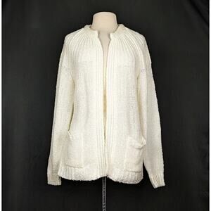 Vintage 80s Cardigan Sweater Cream Boucle Knit Open Front Pockets Size 42 L